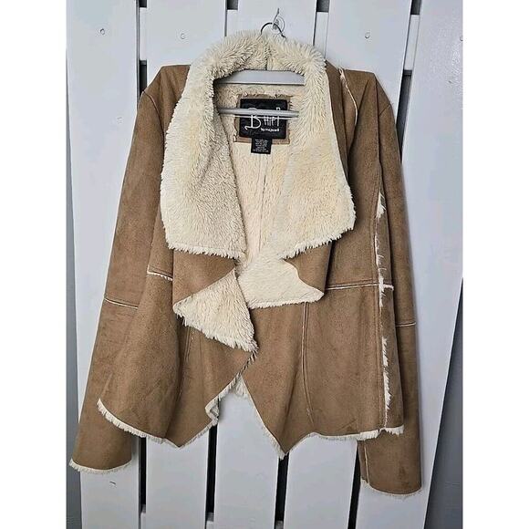 B Hip Waterfall Boho Hippie Faux Suede Sherpa Ruffle Front Jacket Beige SZ L - Picture 1 of 11